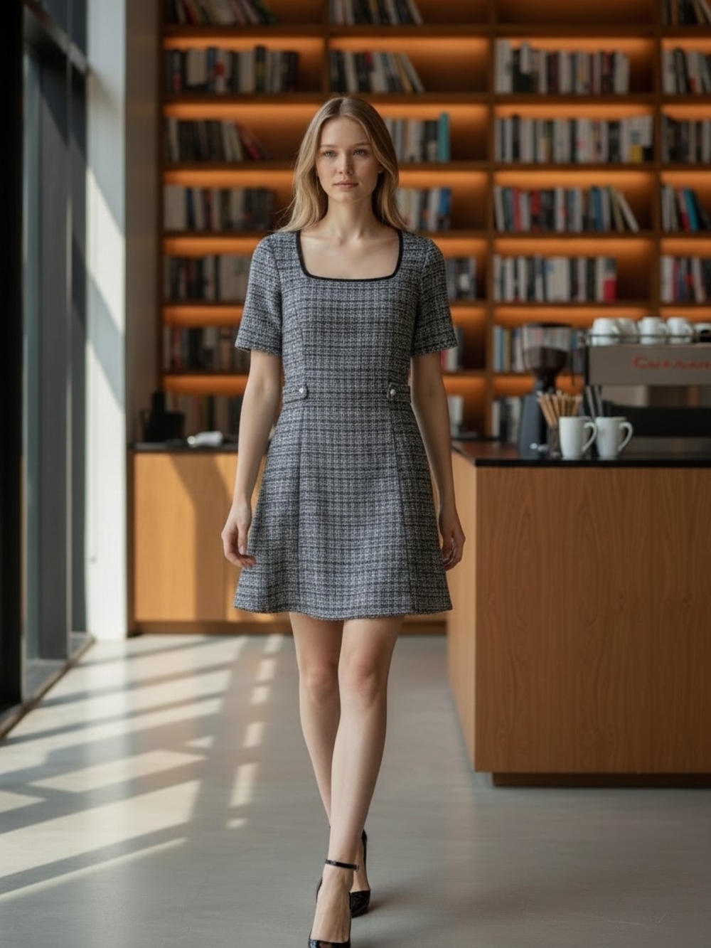 Taylor Black and White Tweed Square-Neck Dress